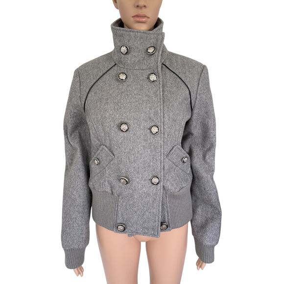 Guess Wool Blend Military Bomber Jacket L Y2K Double Breasted Winter Coat Gray - Picture 1 of 9
